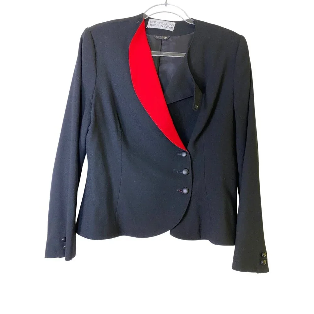 BERT NEWMAN SUITIME Vintage Black Wool Blazer Red Accent Lapel Size 14‎ Eighties